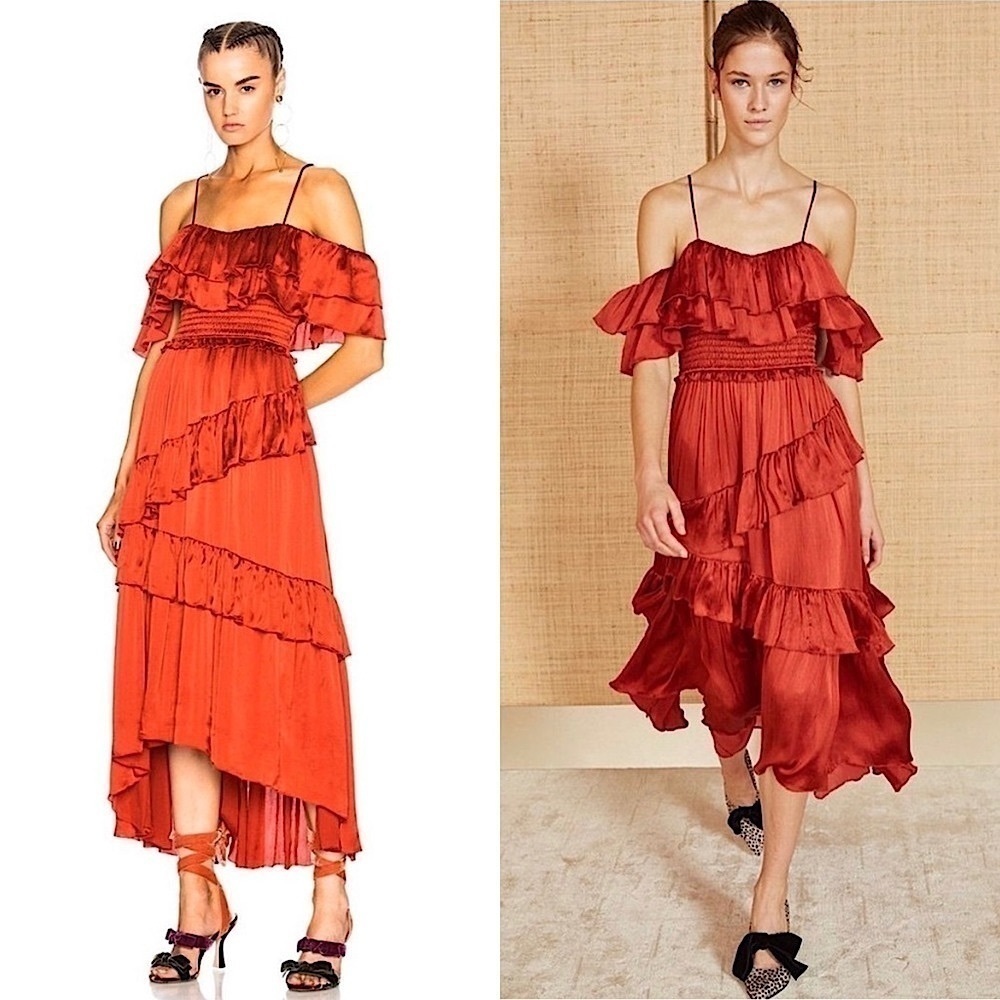 ULLA JOHNSON 70s Silk Tiered Ruffle Smocked Off Shoulder Sleeveless Maxi‎ Gown 0
